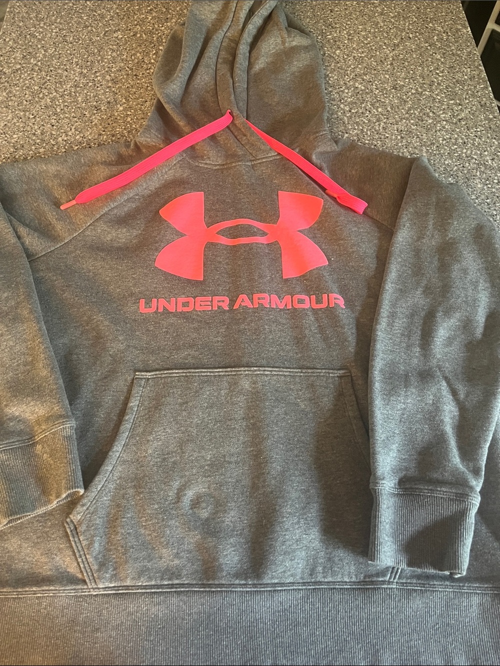 Under Armour Gray Hoodie with Bright Pink Logo & Drawstrings